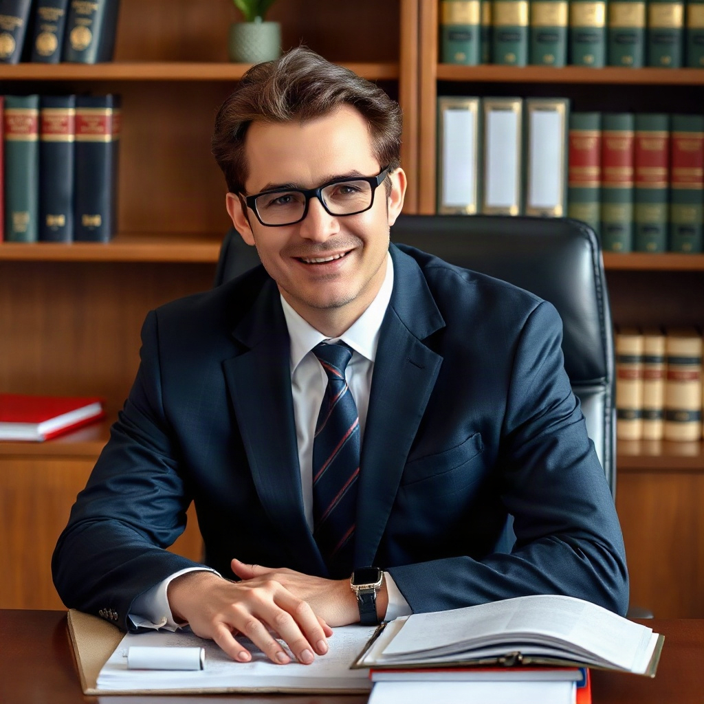 Professional in business attire sitting at desk with legal books and case files visible