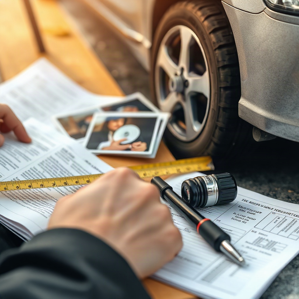 Close up of accident scene documentation with photos, notes, and measurements