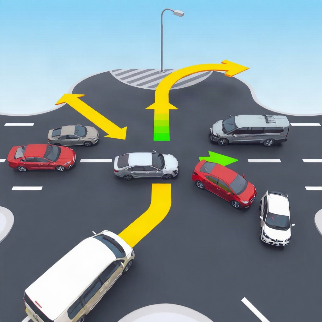 Intersection with multiple vehicles or accident diagram showing movement arrows