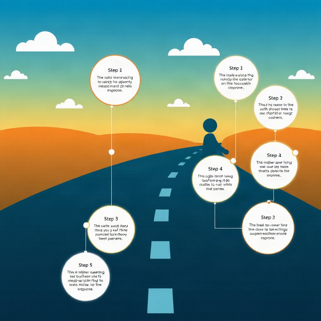 Timeline illustration showing steps labeled on a road or pathway