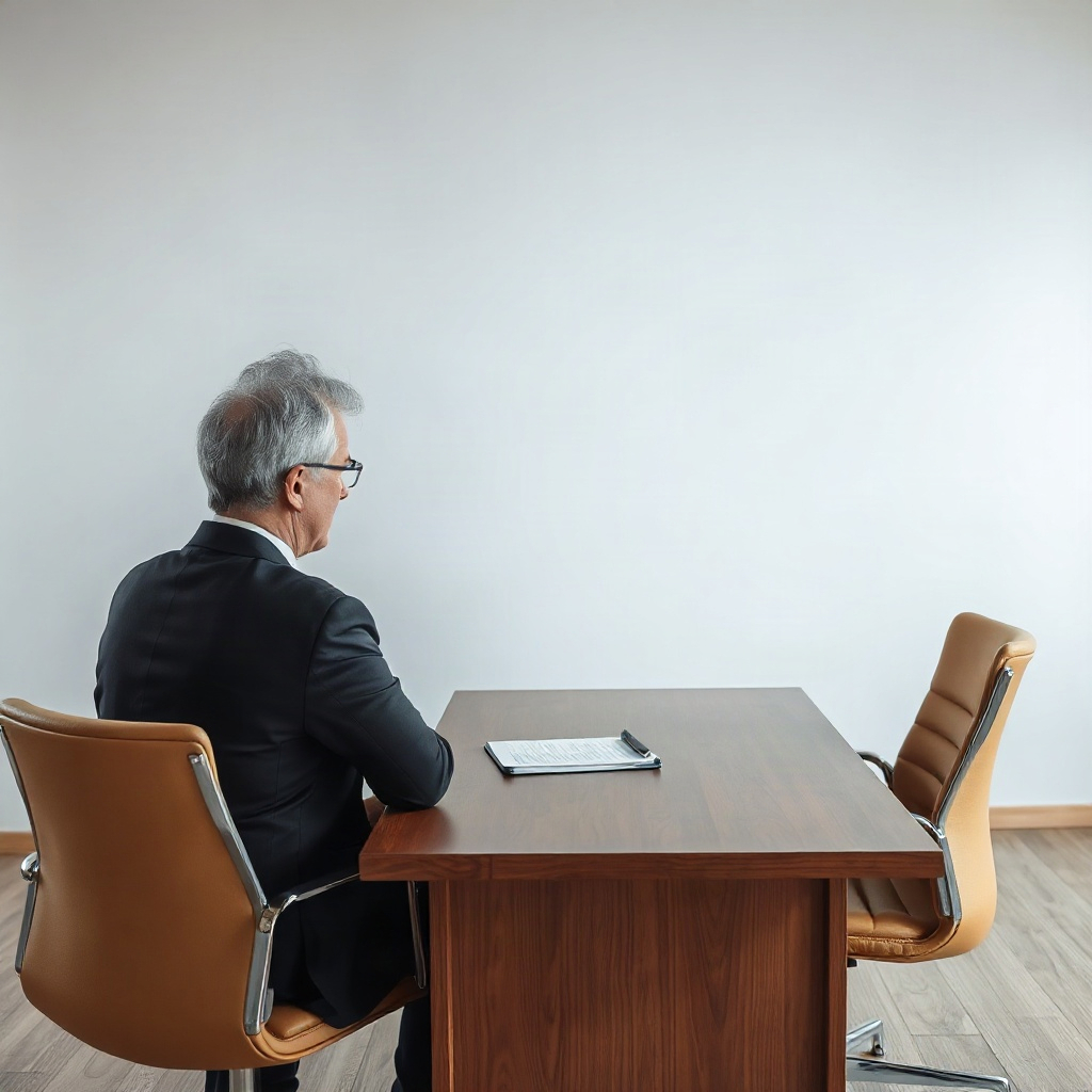 Person sitting across from lawyer at desk with papers and notepad between them